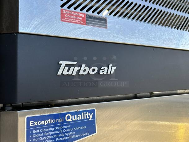 Turbo Air M3F47-2-N 52" stainless steel 2-door reach-in freezer. Labels highlight self-cleaning condenser and quality features.