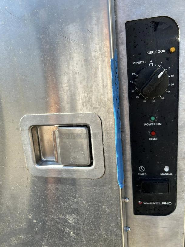 Cleveland 22CET3.1 SteamChef steamer panel with SureCook dial, power indicators, and Cleveland branding.