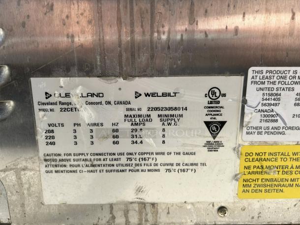 Cleveland 22CET3.1 SteamChef electric steamer label. Indicates model, serial number, and voltage requirements.