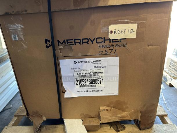 Brand new Merrychef eikon E4S high speed convection oven, 208/240v/1ph, in original packaging, model details visible.
