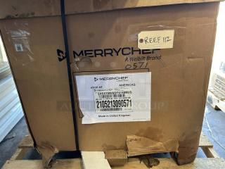Brand new Merrychef eikon E4S high speed convection oven, 208/240v/1ph, in original packaging, model details visible.