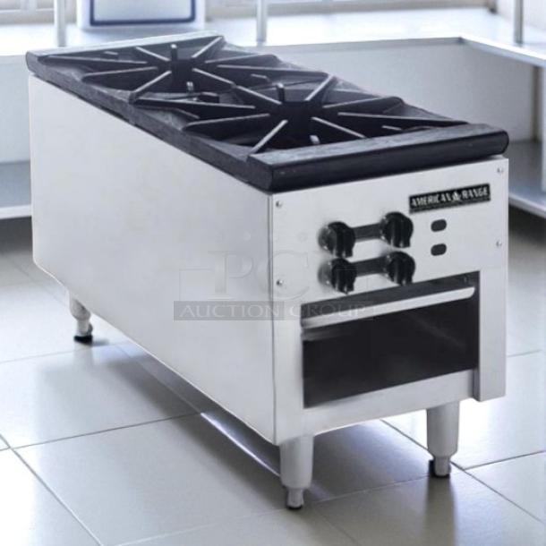 American Range ARSP-18-2 stock pot burner, 18" wide, dual 3-ring burners, great condition, tested, gas-powered.