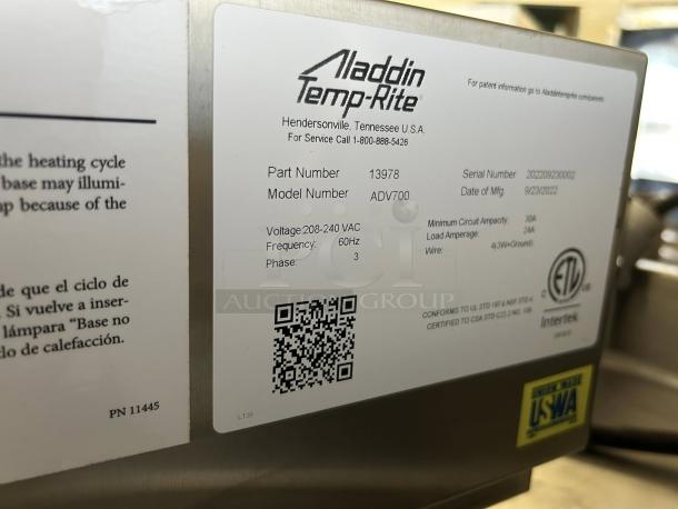 Aladdin Temp-Rite ADV700 Heat On Demand Advantage® Plus Activator, 208-240V, tested and working; label shows key specs and certification marks.