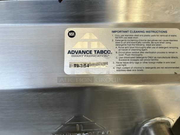 Advance Tabco T9-3-54 stainless steel sink, excellent condition, three compartments, NSF label, important cleaning instructions.