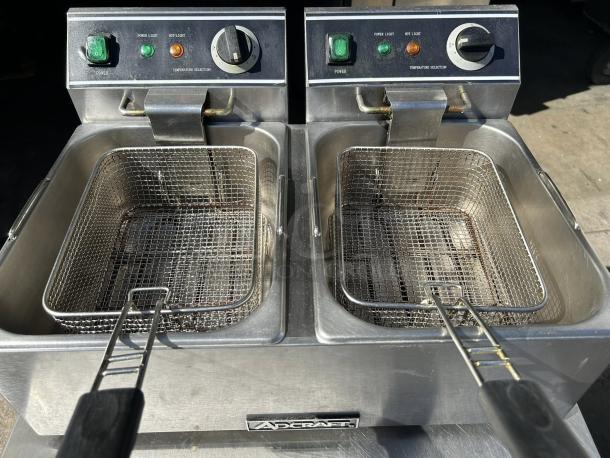 Adcraft DF-6L/2 double tank deep fryer, stainless steel, tested and working. Features control knobs and power lights.