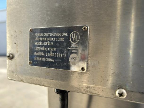 Adcraft DF-6L/2 double tank deep fryer in stainless steel, tested and working. Features 120V/1750W, UL and NSF certified.