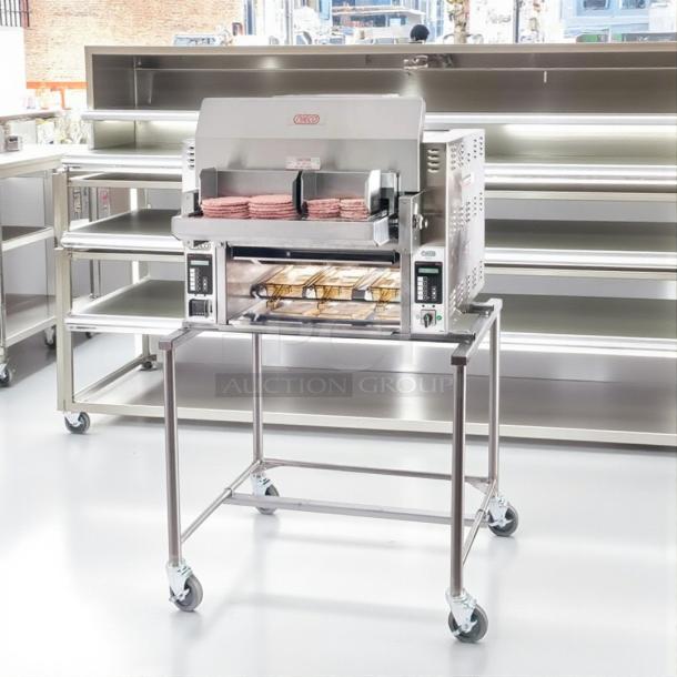 Brand new Nieco JF93E Electric Dual Belt Broiler on a stand with BroilVection technology, 208V 3-phase, stainless steel.