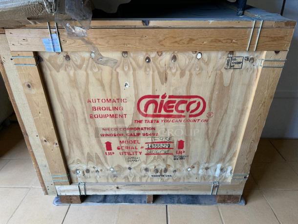 Nieco JF93E Electric Dual Belt Broiler in original crate, 208V 3ph, model JF93E. New condition, automatic broiling equipment.