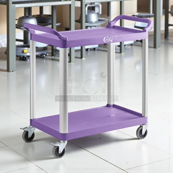 Brand new Choice purple utility cart with two shelves, sturdy handles, and smooth-rolling wheels. Ideal for bussing tasks.
