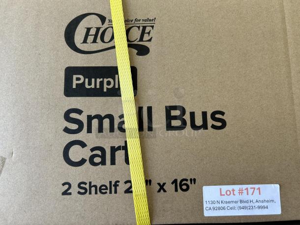 Brand new Choice purple utility cart with two shelves, 20" x 16". Includes label with address and contact info in Anaheim.