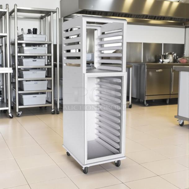 Brand new Lockwood CA72-RR12-6 full height combination open air and storage display cabinet with multiple shelves.