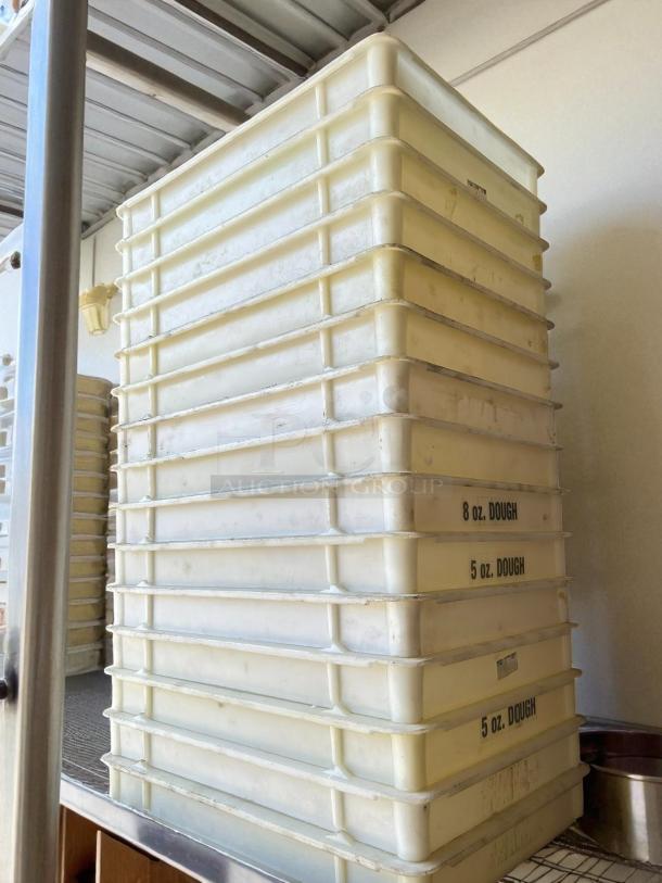 WRH Industries BB-1826 dough storage containers, excellent condition, stackable, labeled for 5 oz. and 8 oz. dough.