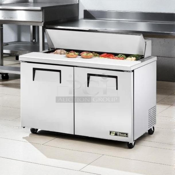 True TSSU-48-12-HC refrigerated sandwich prep table with dual doors and food compartments, tested and working condition.