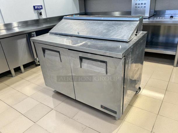True TSSU-48-12-HC refrigerated sandwich prep table, 48 3/8", two doors, stainless steel, tested and working.