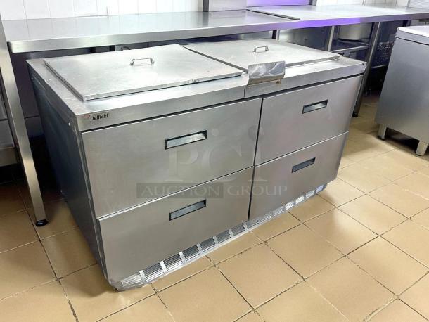 Delfield 4460NP-24M 60" prep table in stainless steel, excellent condition, 2 doors, 24 pans, tested, working, visible logo.