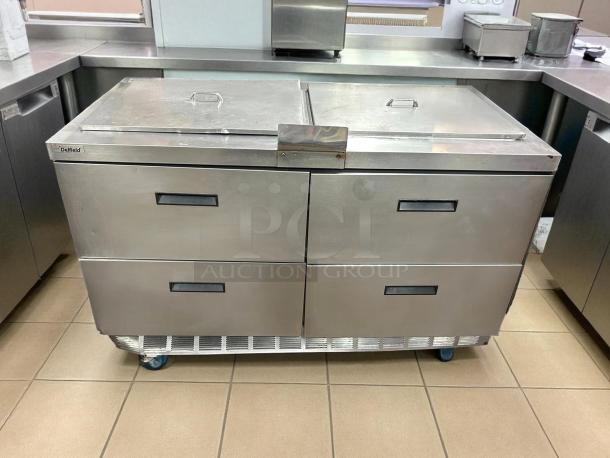 Delfield 4460NP-24M 60" Mega Top Sandwich/Salad Prep Table, excellent condition, 2 doors, holds 24 pans, tested and working.