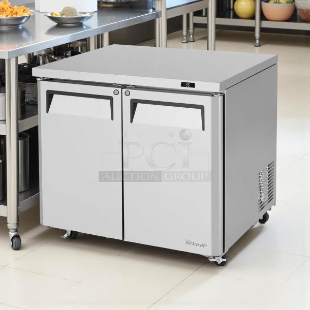 Turbo Air MUF-36-N undercounter freezer, 36 1/4" W, 2 sections, 2 doors, 115v, tested, working, durable, stainless steel.