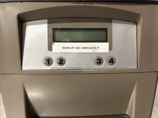 Vitamix 036019-ABAB The Quiet One blender control panel with buttons labeled 1 to 4. Sticker reads "blend all iced matchas on 4".