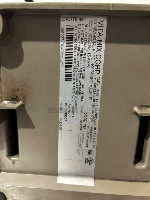 Vitamix 036019-ABAB label showing model, voltage, and manufacturing info. Blender in great condition, tested and working.