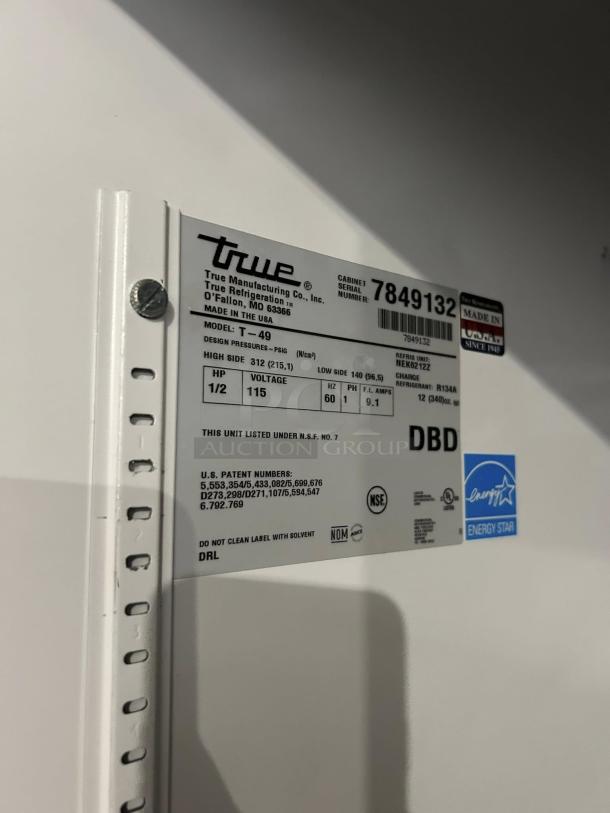 True T-49-HC refrigerator label showing model, serial number 7849132, voltage 115, and Energy Star certification.