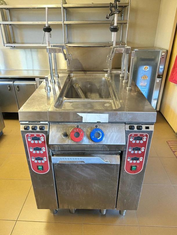 Rosito Bisani CPG1 pasta cooker, 12-gallon capacity, dual gas burners, metal finish, tested and working, control panels visible.