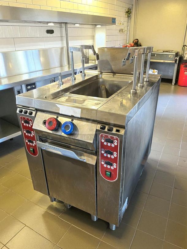 Rosito Bisani CPG1 pasta cooker, 12-gallon gas model with dual burners, tested and working. Features control panels and valves.