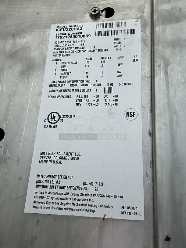 Ice-O-Matic ICEU220HA Cube Ice Maker label details voltage, efficiency, and certifications; tested and working condition.