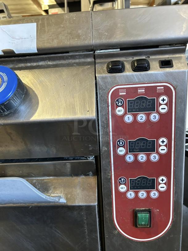 Rosito Bisani CPG1 pasta cooker, dual burners, digital controls, stainless steel, tested, working condition, 12-gallon capacity.