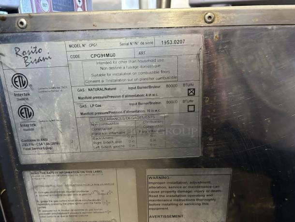 Rosito Bisani CPG1 12-gallon gas pasta cooker, dual burners, tested, working. Label shows model, BTU rating, safety info.