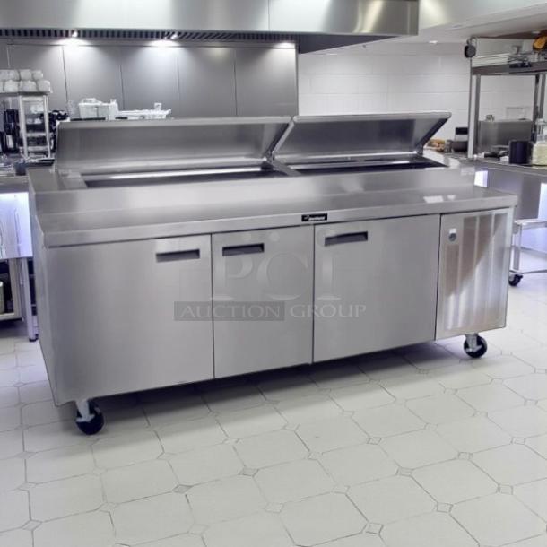 Delfield 3 Door 85" Pizza Prep Table, great condition, stainless steel, with dual lift-up lids, tested and fully working.