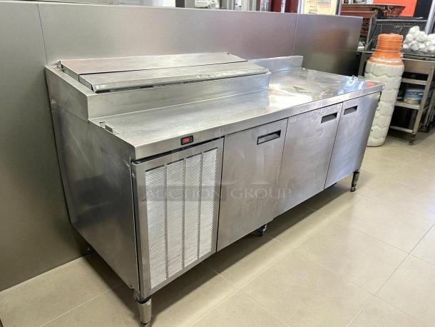 Delfield 3 Door 85" Pizza Prep Table, stainless steel, great condition, tested and working, durable kitchen equipment.