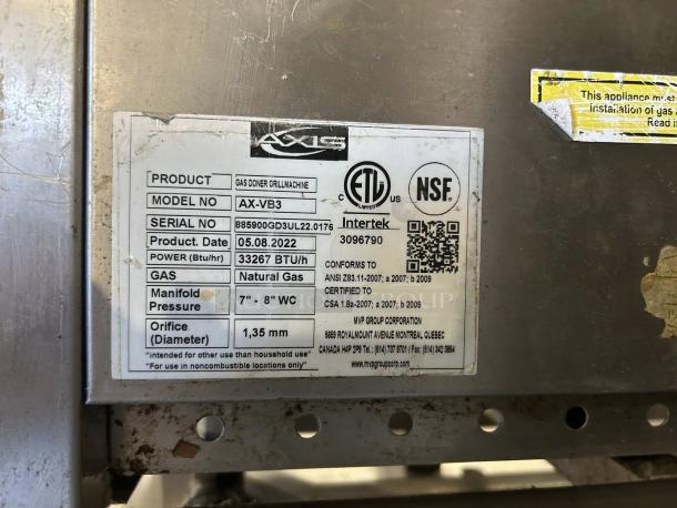 Axis AX-VB3 Gas Doner Grill Machine, natural gas, 33267 BTU/h, fully tested, model label showing specs and certifications.