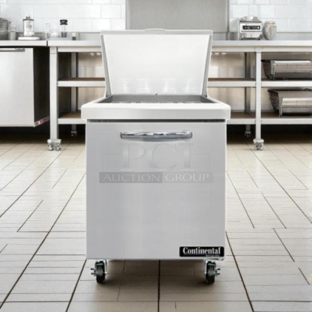 Continental SW27N12M 27" 1-Door Mega Top refrigerated sandwich prep table, includes (12) 1/6 pans, tested and working condition.