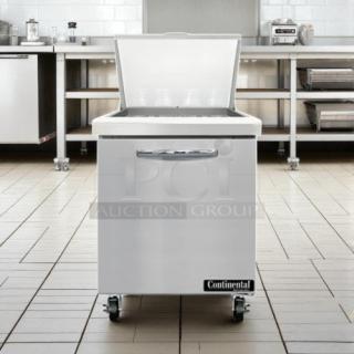 Continental SW27N12M 27" 1-Door Mega Top refrigerated sandwich prep table, includes (12) 1/6 pans, tested and working condition.