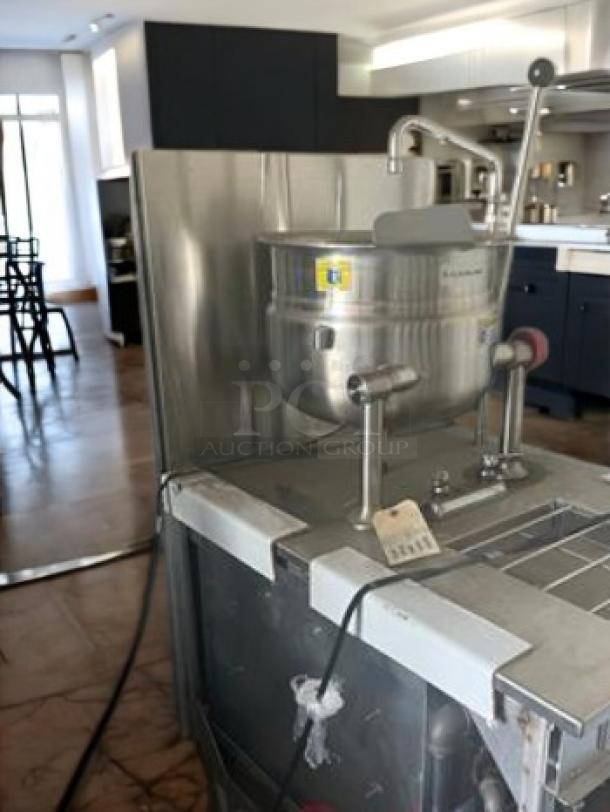 Brand new Cleveland KGL-40 gas tilting kettle, 40-gallon capacity, stainless steel, fully tested, natural gas, with control panel.