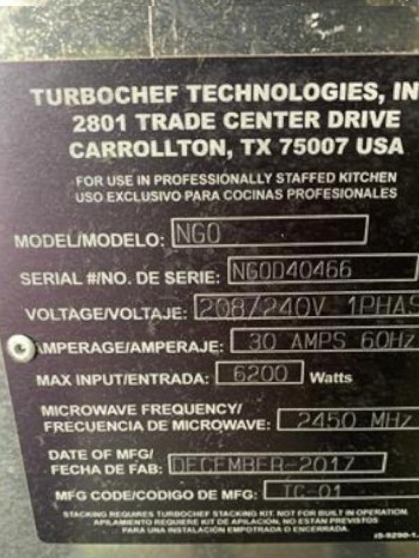 TurboChef NGo rapid cook oven label showing model, serial number, voltage, amperage, and manufacture date.