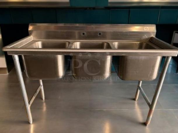 Brand new Advance Tabco T9-3-54 stainless steel 3-compartment sink with backsplash, NSF certified, USA made.