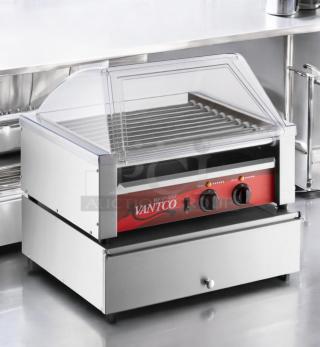Avantco HDG-11 hot dog roller grill, 11 nonstick rollers, 30 hot dog capacity, pristine condition, clear cover, 120V.