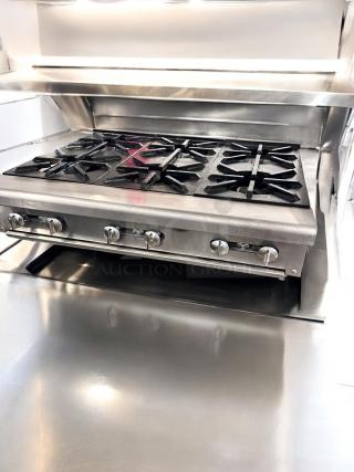 Excellent condition Imperial 6-burner gas range, heavy-duty stainless steel, fully tested, model countertop, commercial-grade.