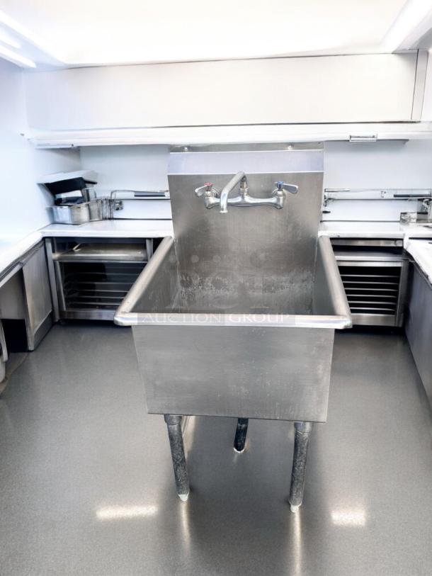 Commercial stainless steel sink, 3 compartments, dual drainboards, 98" wide, excellent condition, fully tested, operational.