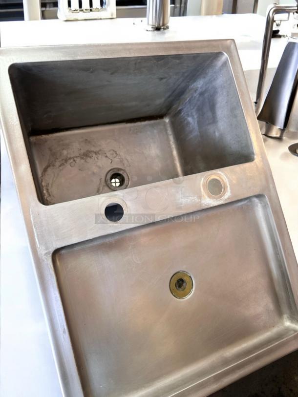 Commercial 3-compartment stainless steel sink with dual drainboards, superb condition, fully tested, heavy-duty model.