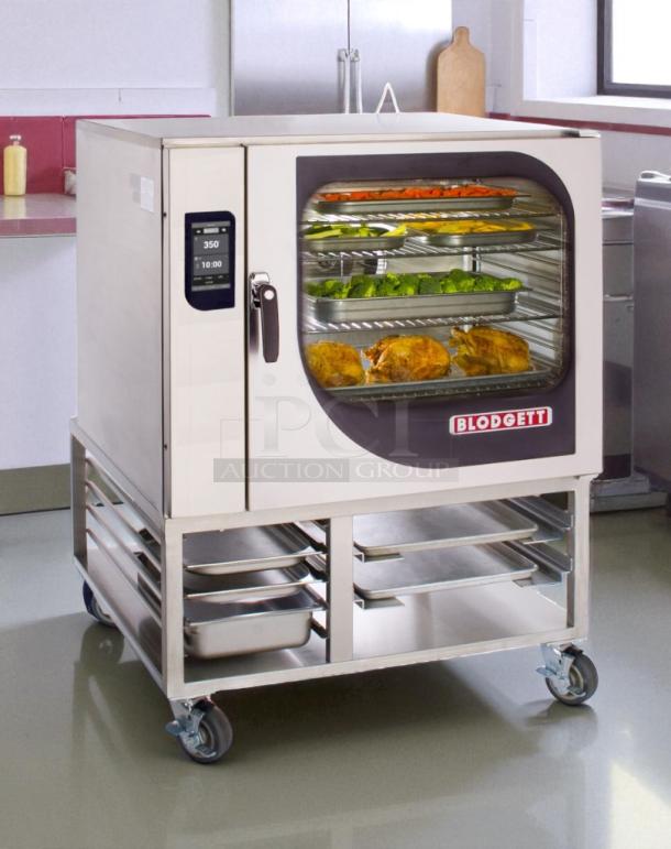 Blodgett BCX-14E SGL electric combi oven & steamer on cart, tested. Features semi-auto delimer and storage shelves.