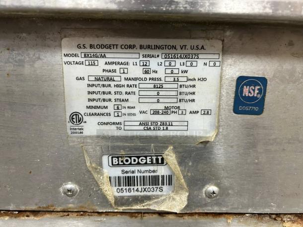 Blodgett BCX-14E SGL combi oven label showing model, gas type, serial number, NSF certification, and ETL mark.