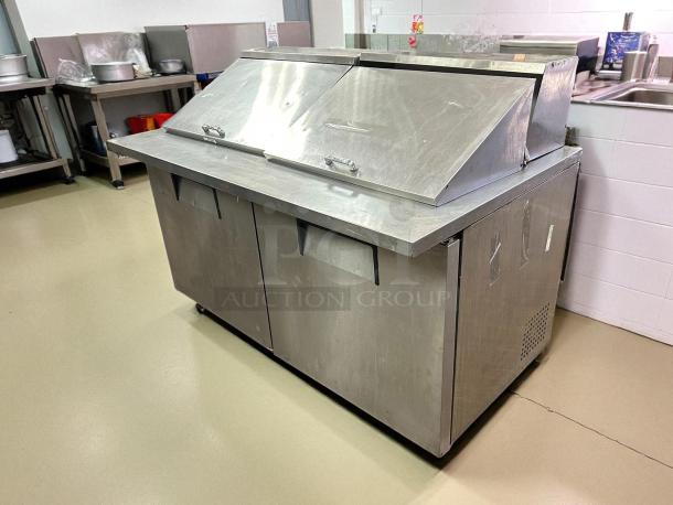 True TSSU-60-24M-B-ST-HC mega-top sandwich unit, stainless steel, excellent condition, solid doors, hydrocarbon refrigerant.