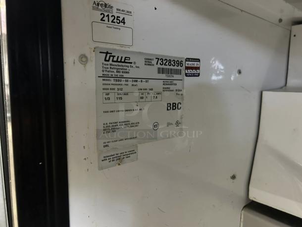 True TSSU-60-24M-B-ST-HC label, indicating model, specs, and hydrocarbon refrigerant. Made in the USA.