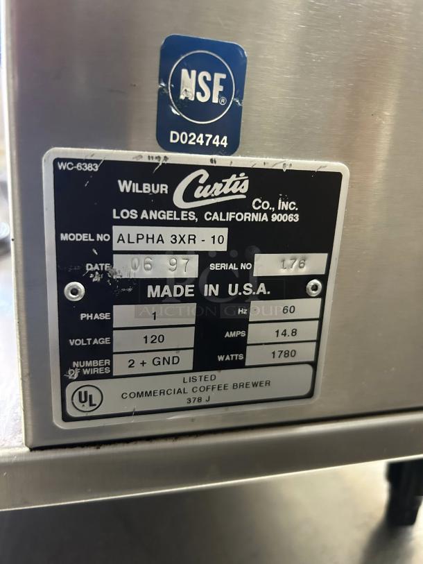 Curtis ALPHA 3DR coffee brewer label, NSF certified, Model 3XR-10, 120/220V, UL listed, made in USA, in great condition.