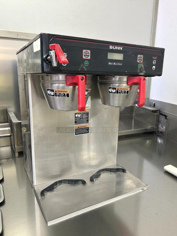 BUNN ICB Infusion Series Twin Soft Heat Coffee Brewer, great condition, stainless steel, tested and working, warning labels visible.