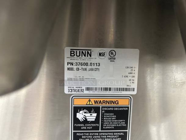 BUNN ICB Twin Soft Heat Coffee Brewer, model ICB, 120/208V, great condition, tested, serial ICBT010192, UL and NSF certified labels visible.