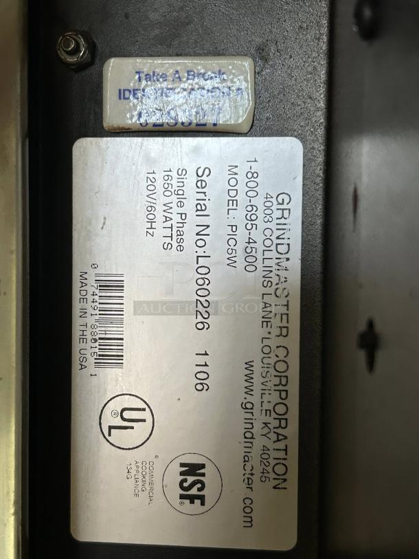 Grindmaster PIC5 beverage dispenser label, showing model, serial number, and UL, NSF certifications. Excellent condition.