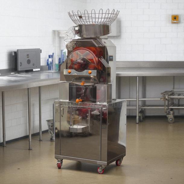 Citrocasa 8000 SB-ATS Advance Citrus Juicer, stainless steel, used condition, with orange accents, on wheels.